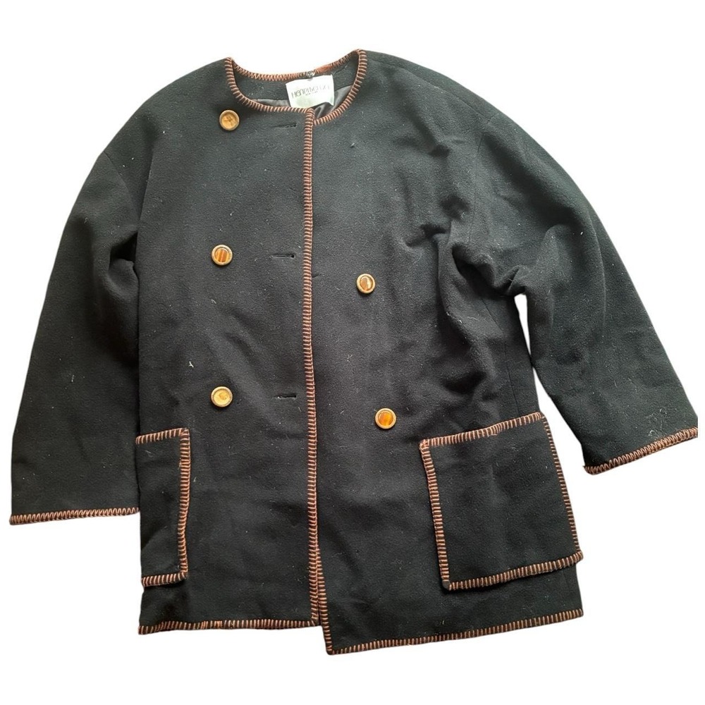 Vintage Henri Bendel New York Black Wool Coat Brown Whipstitch Trim L XL